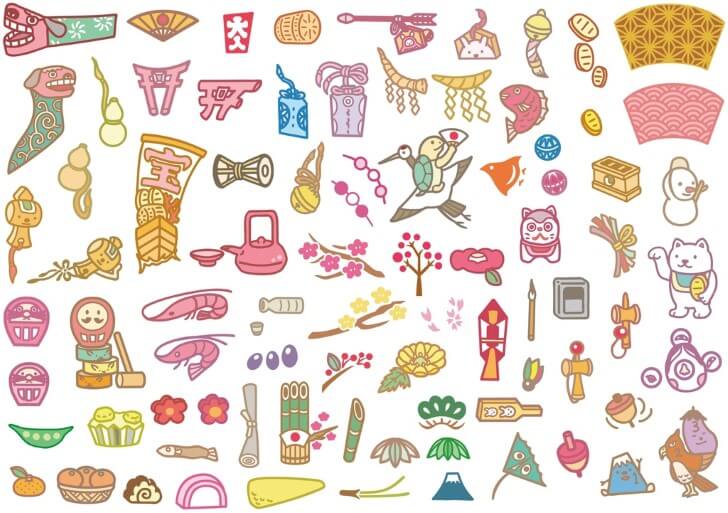 年賀状用のバラバラに使える縁起物のイラスト