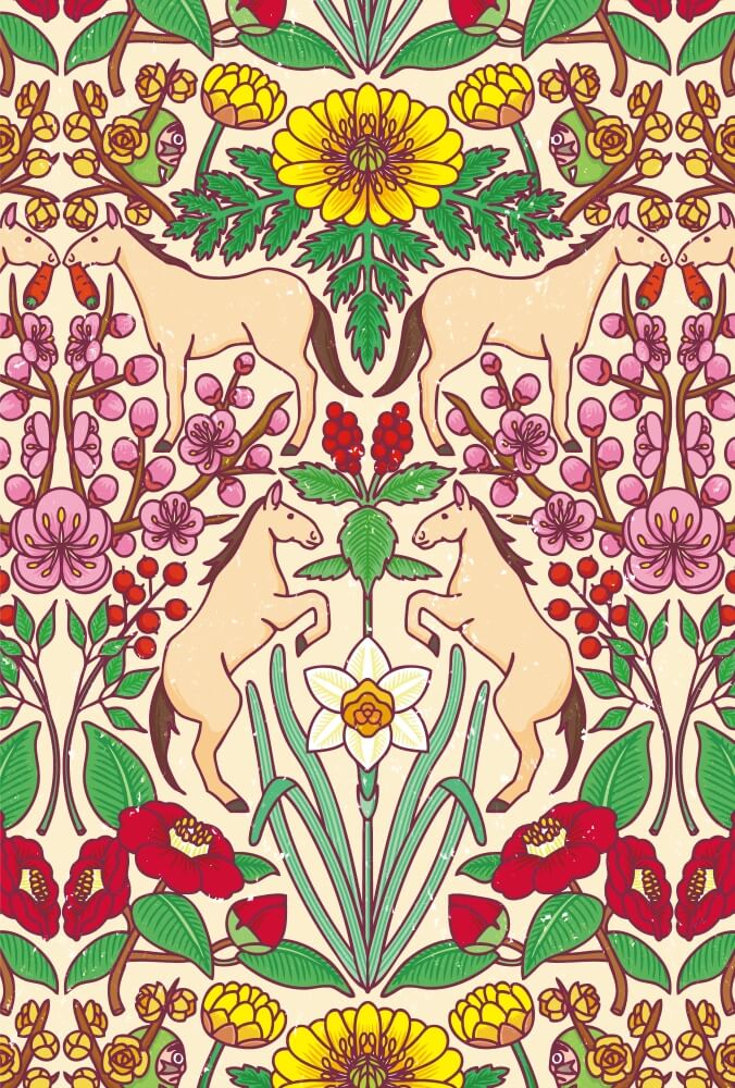 2026年の午年の馬と福寿草といった正月の植物や花を描いたウイリアムモリス風デザインの年賀状